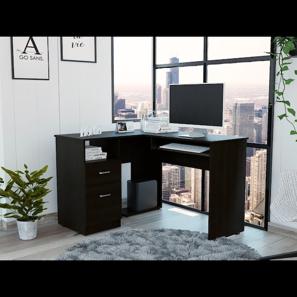 Mix L-Shaped Desk, Keyboard Tray, Two Drawers, Single Open Shelf, Black